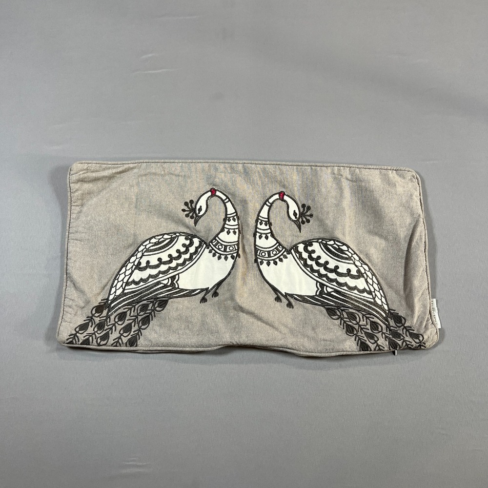 Levtex Home Pillow Cover 11" X 22" Gray Embroidered Two Peacocks Cotton Side Zip